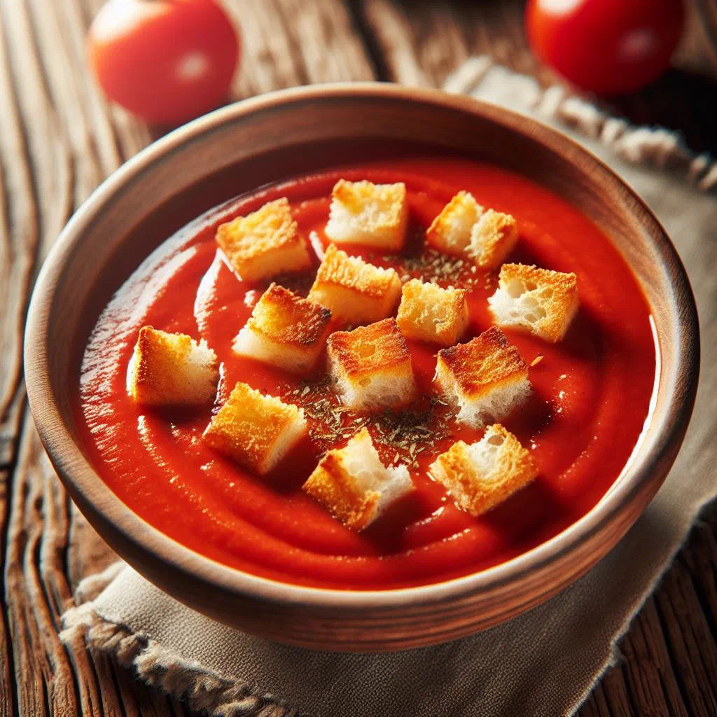 Bowl of Estonian tomato soup with pearl barley and fresh herbs