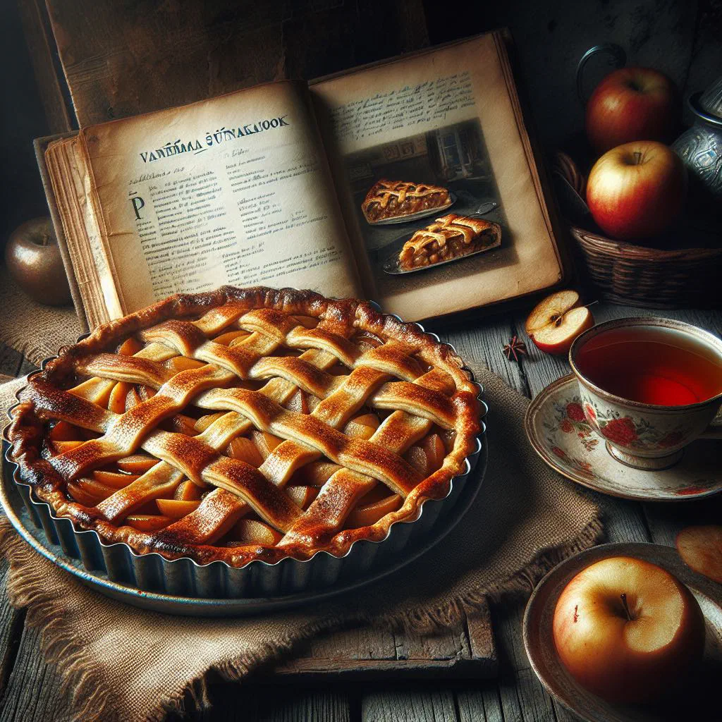 Golden Estonian apple cake topped with sliced apples and dusted with icing sugar