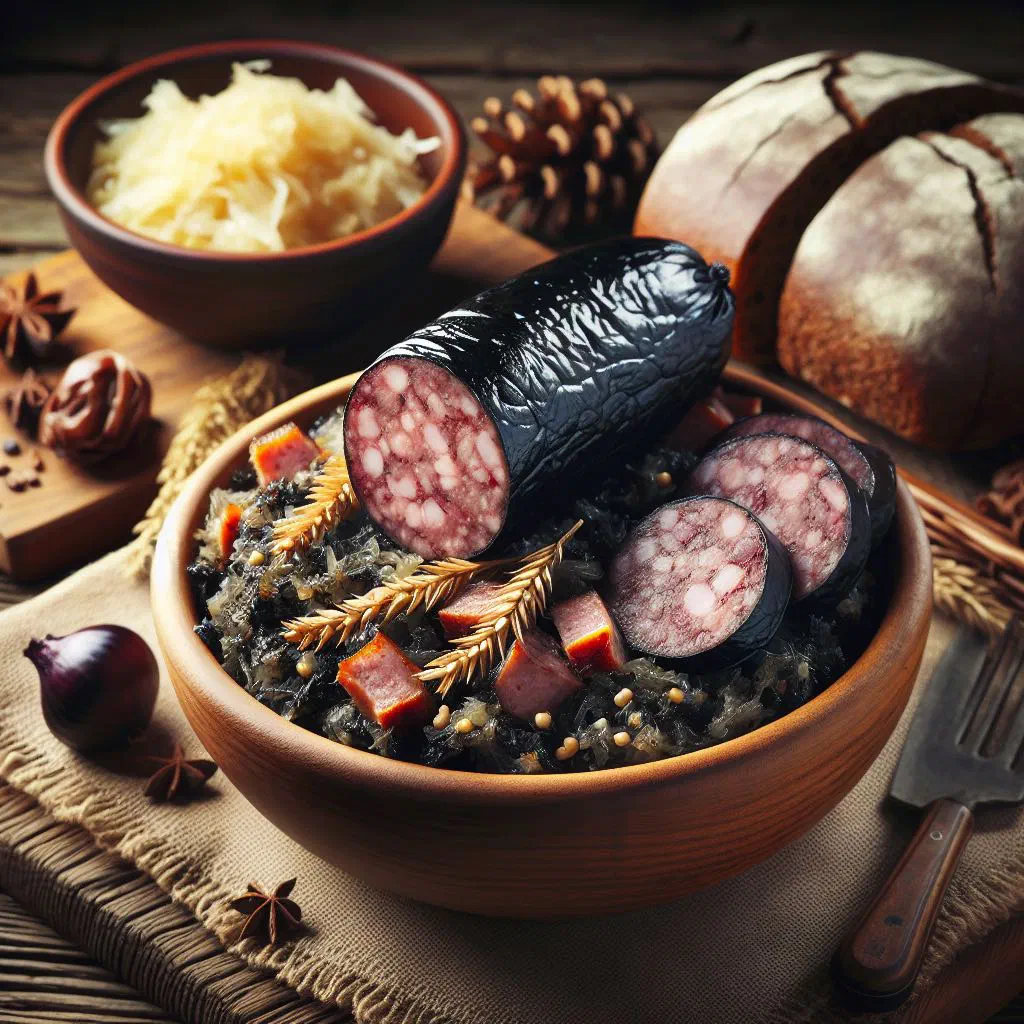 Estonian verivorst blood sausages browned in a pan with lingonberries