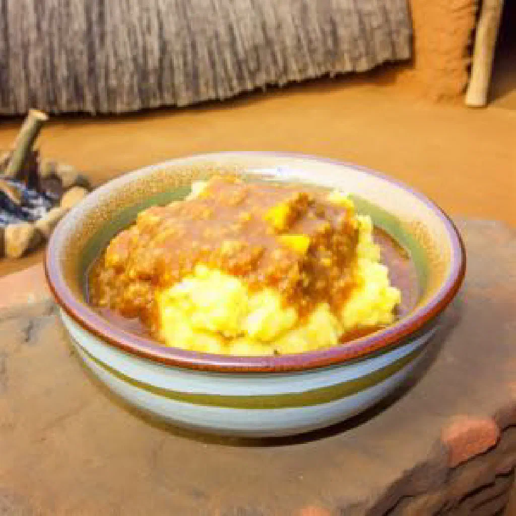 A bowl of Liphupho, a thick maize meal dish topped with sautéed onions and herbs