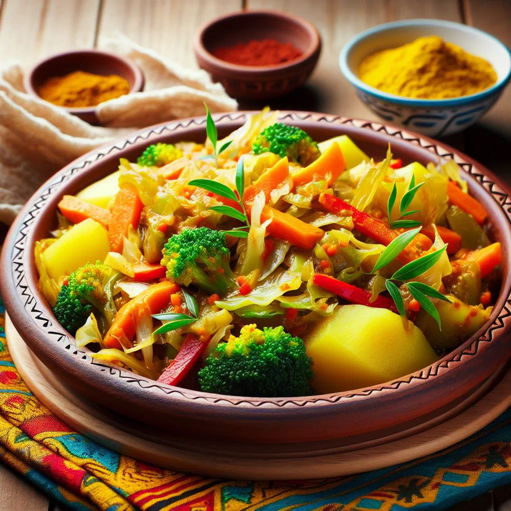 Atakilt Wat with cabbage, potatoes and carrots in a turmeric sauce