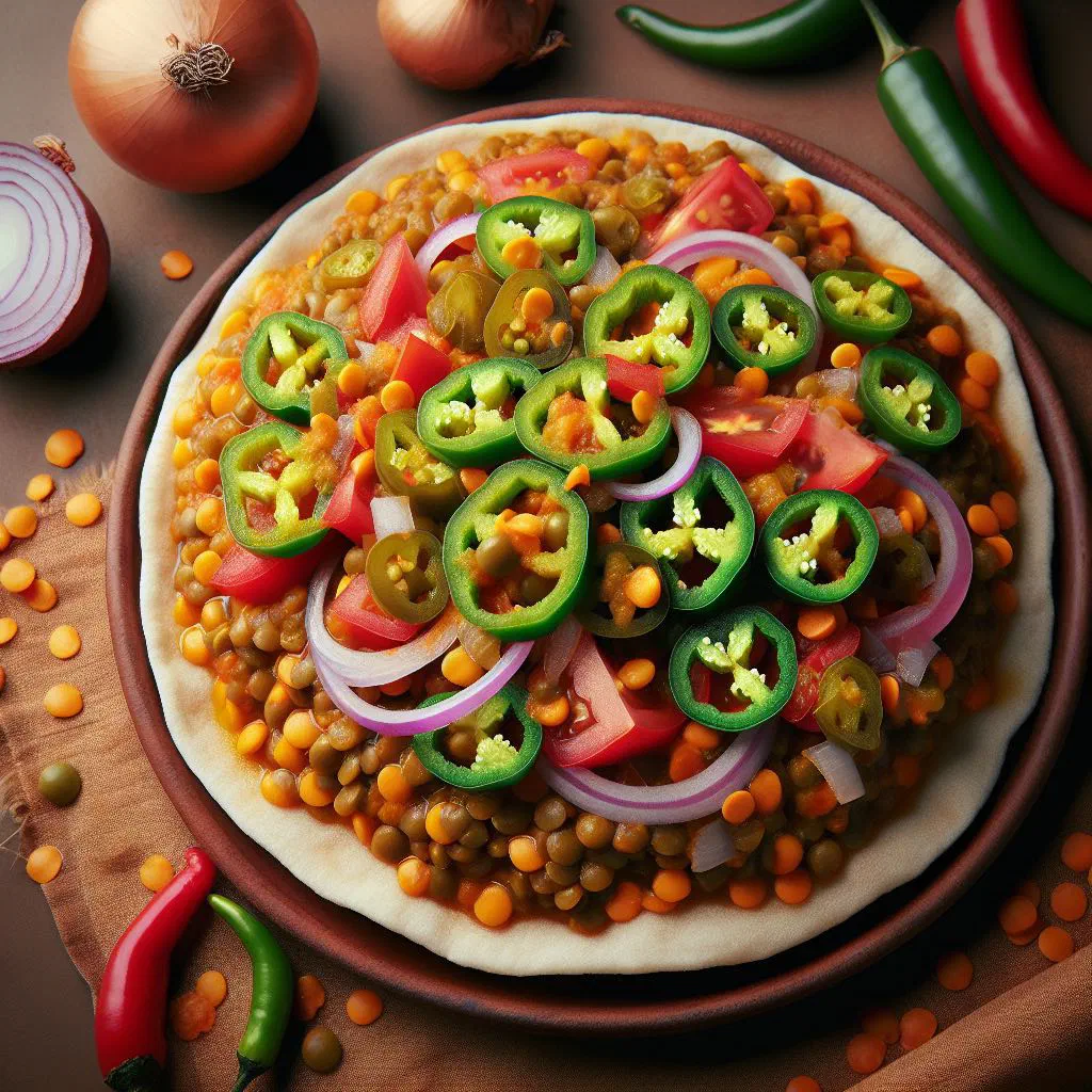 Ethiopian azifa salad of green lentils with chopped tomato, cucumber and onion