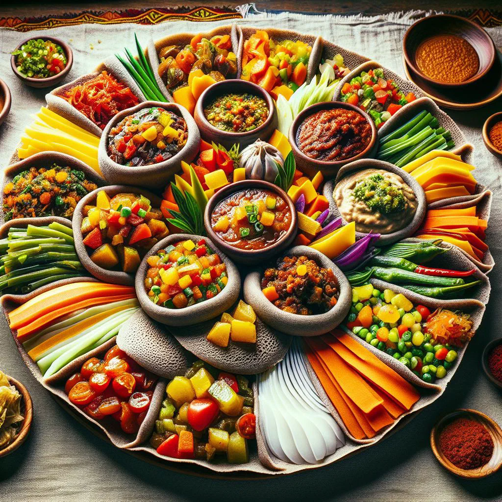 Colourful Ethiopian beyaynetu platter with lentils and vegetables served on injera