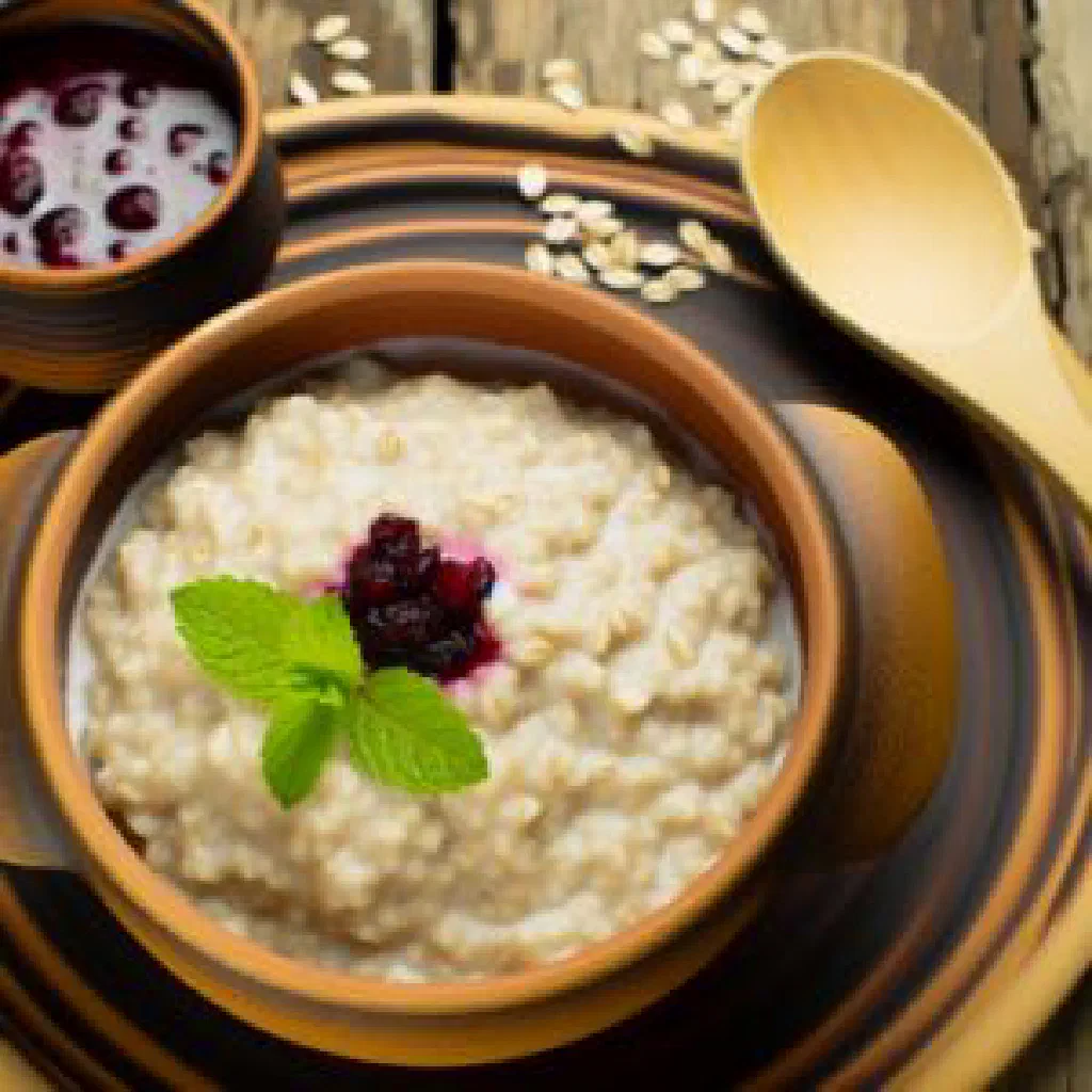Bowl of creamy Bula Genfo barley porridge with a spicy dip