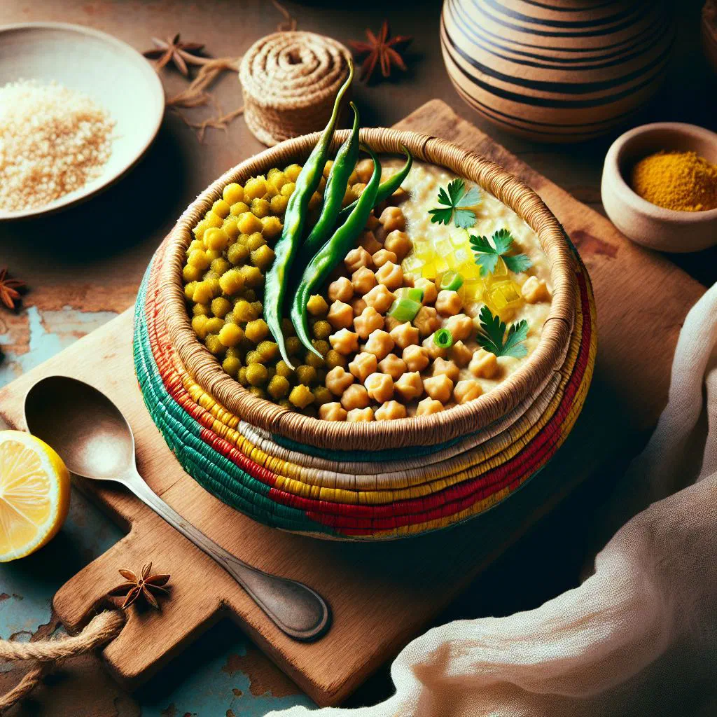 Bowl of Buticha chickpea mash garnished with fresh herbs