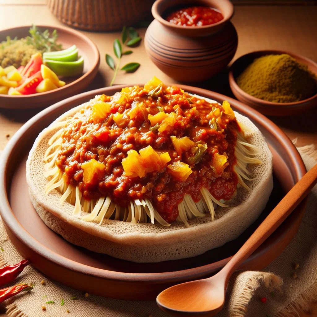 Dabo firfir: torn flatbread tossed in a spiced tomato sauce with onions
