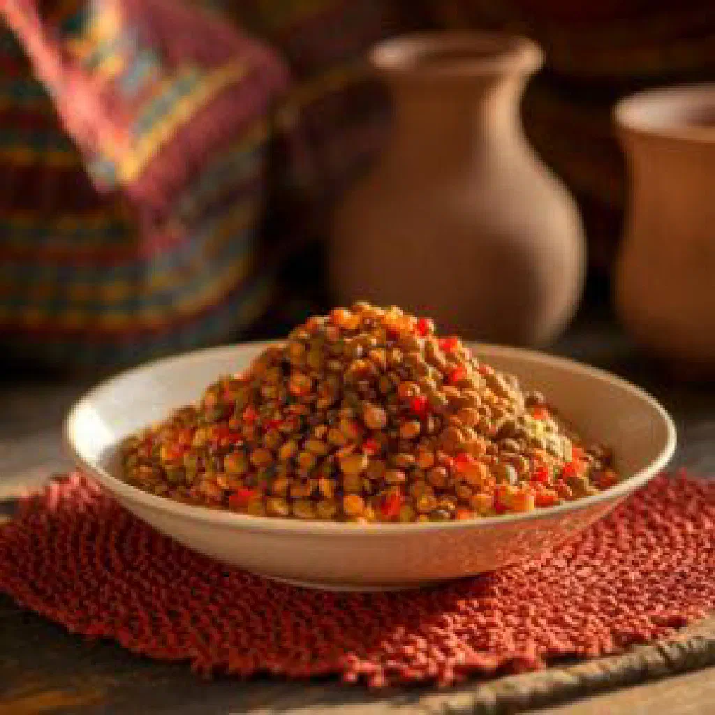 Spiced lentils and vegetables served on injera flatbread