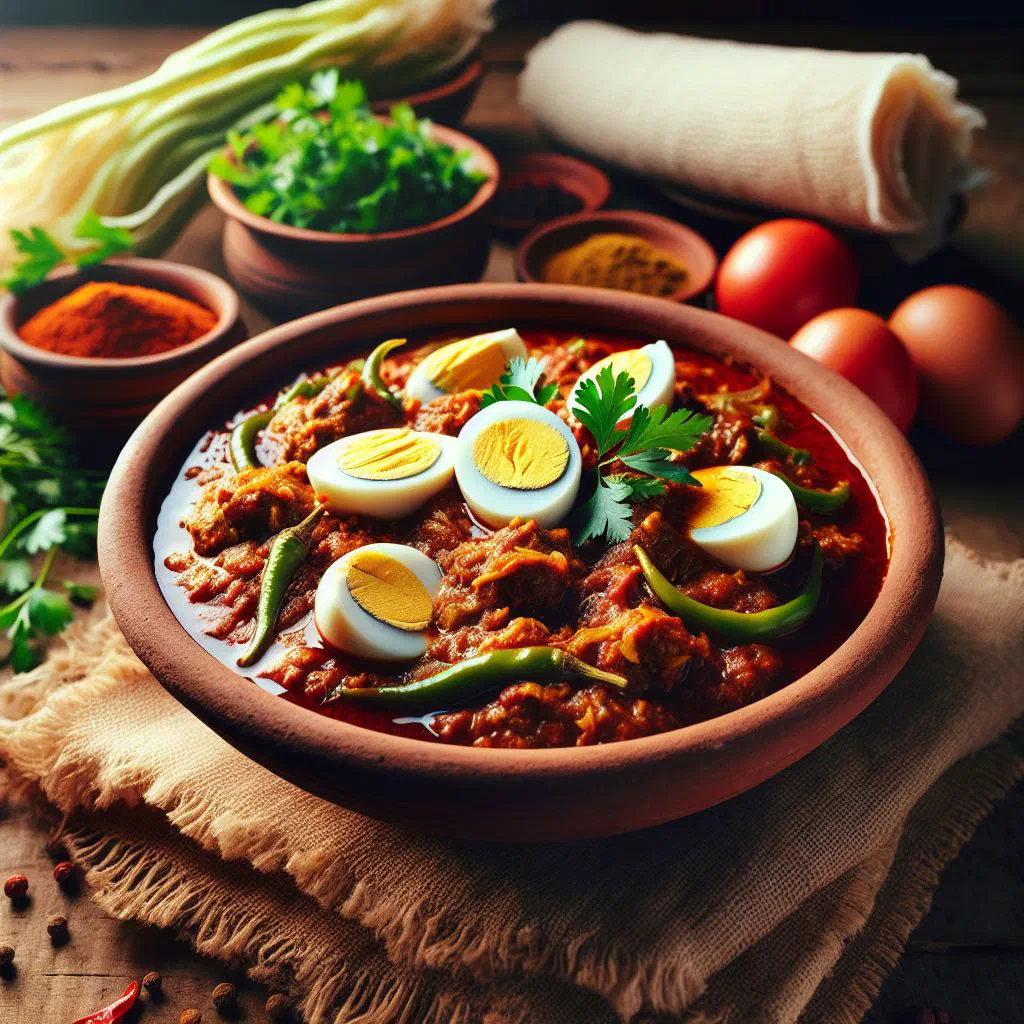 Doro wat chicken stew in deep red berbere sauce with a boiled egg