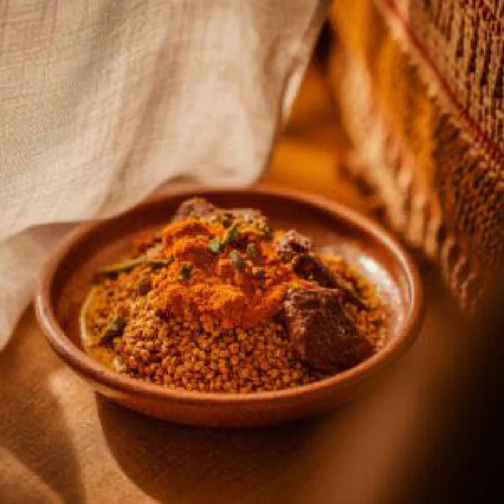 Ethiopian engotcha chicken and sweet potato stew in a bowl