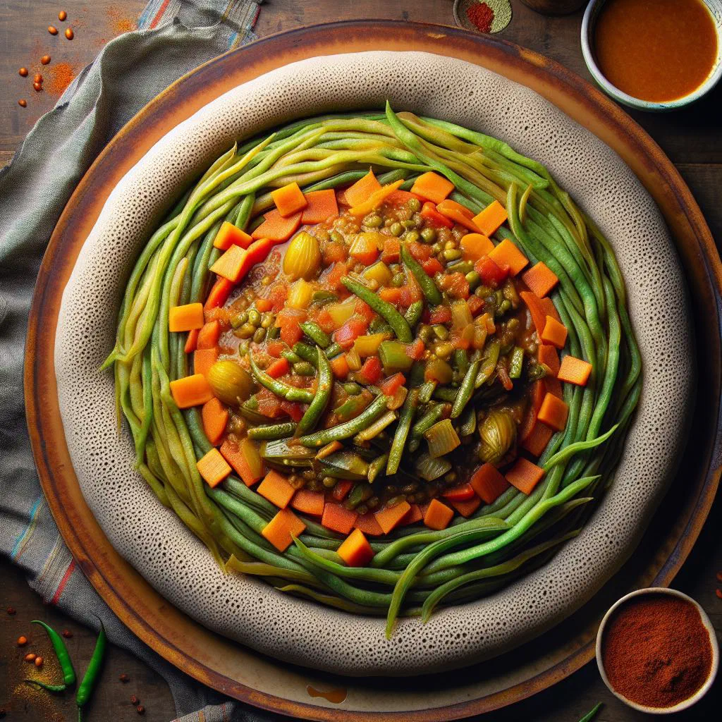 Ethiopian green bean stew served on a bed of injera flatbread