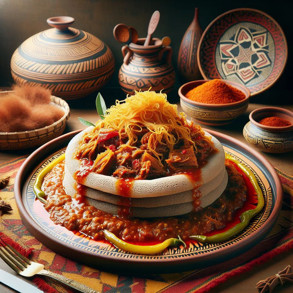 Ethiopian firfir with torn injera tossed in spiced berbere sauce
