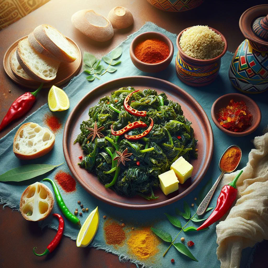 Gomen kitfo with minced beef and sautéed greens served with injera