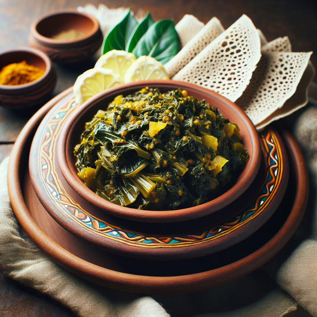 Braised Ethiopian gomen collard greens with onion and spices