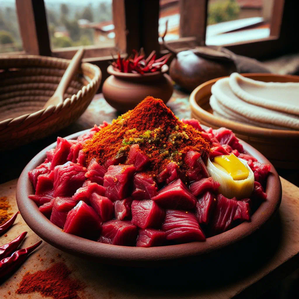 Cubes of seasoned raw beef served with injera flatbread