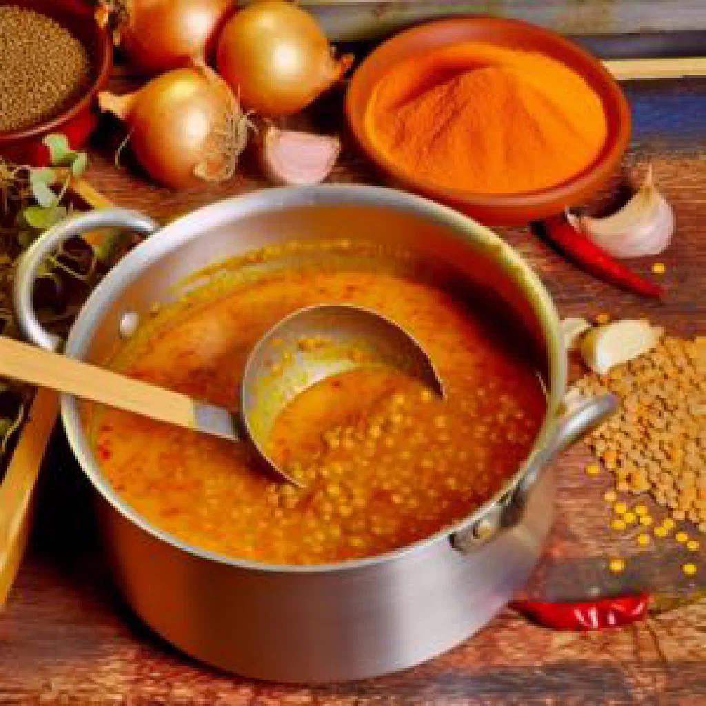 A bowl of spiced Ethiopian hilbet lentils served with injera