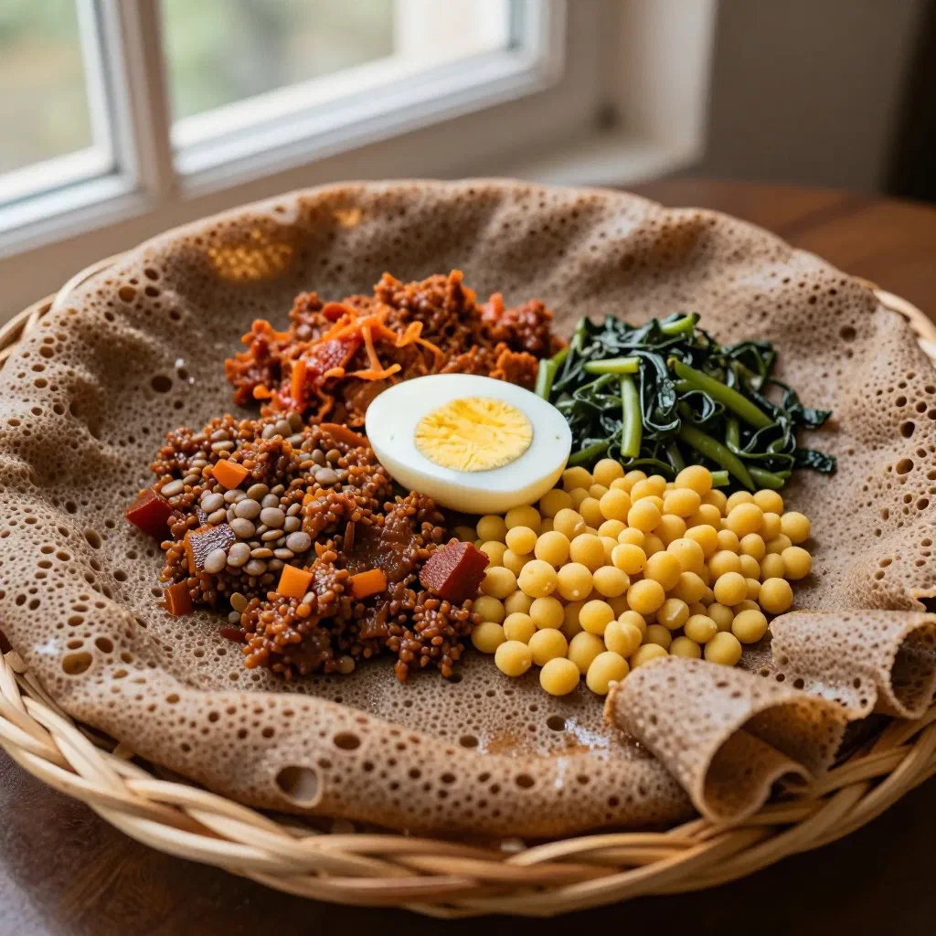 Large round injera flatbread with its distinctive bubbly surface