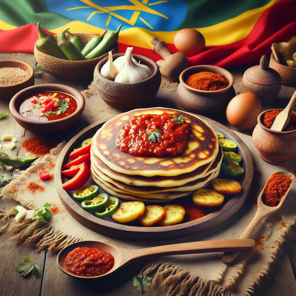 Crispy injera brushed with spiced berbere oil, served as kategna