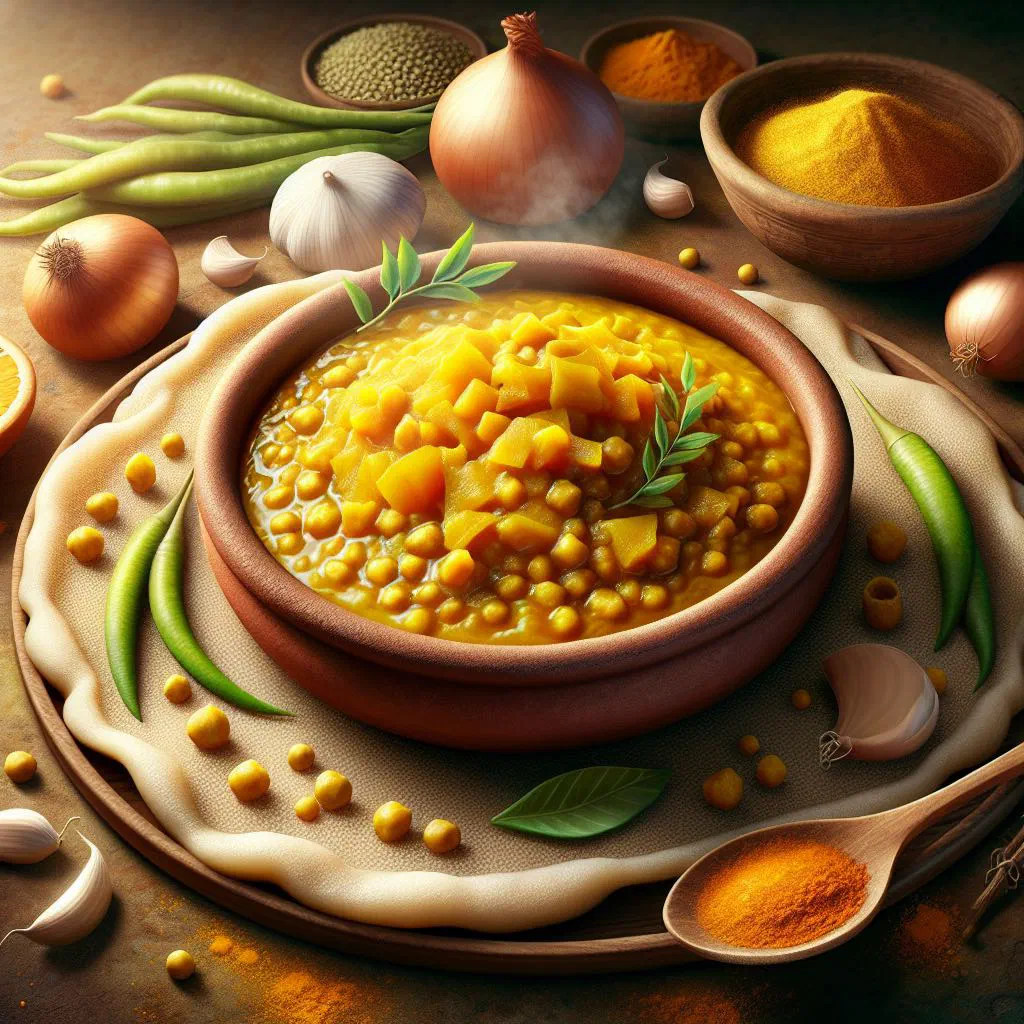 Golden Kik Alicha yellow split pea stew garnished with fresh coriander