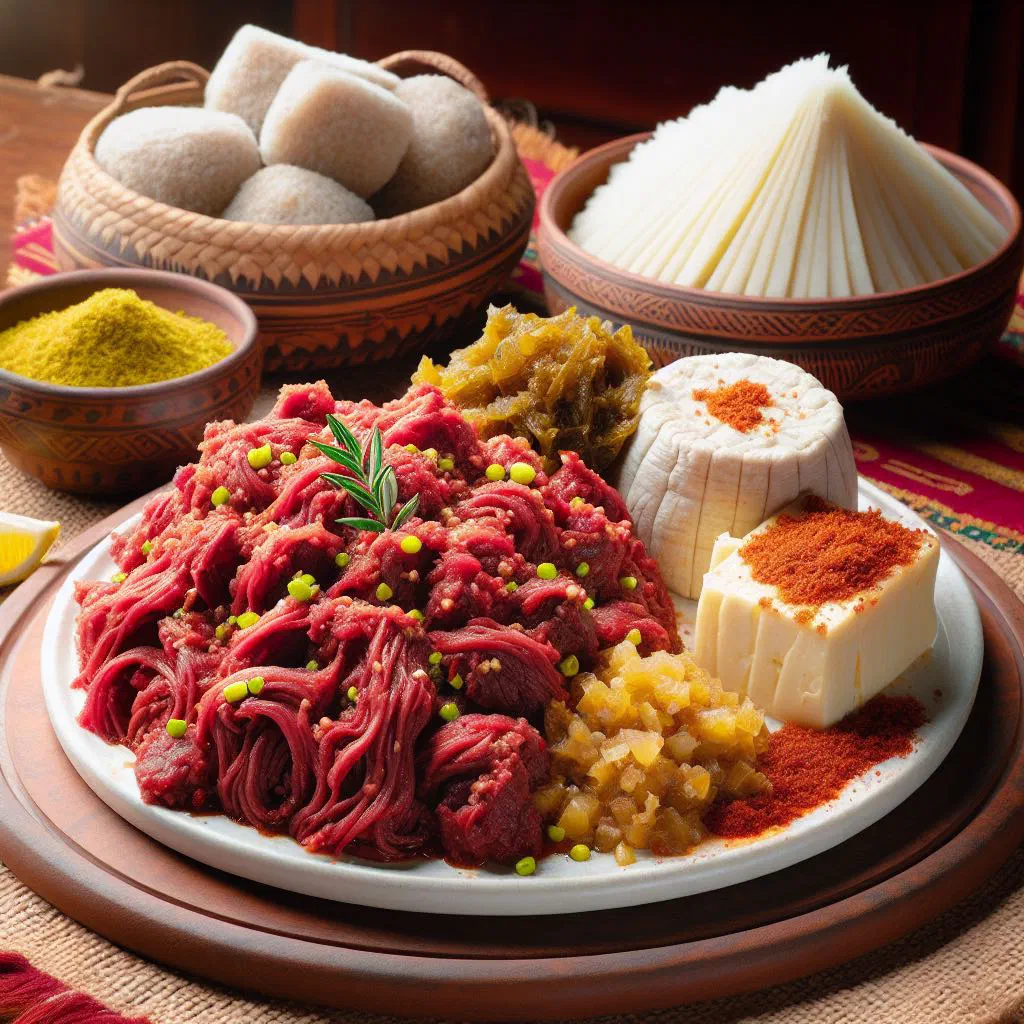 Kitfo Gored — seasoned raw minced beef garnished with fresh herbs