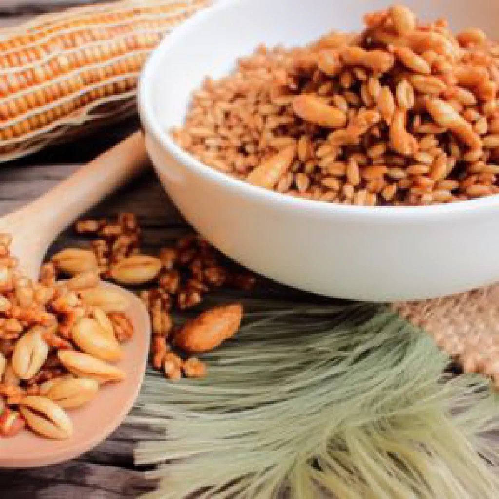 Bowl of roasted barley and peanuts seasoned with spices