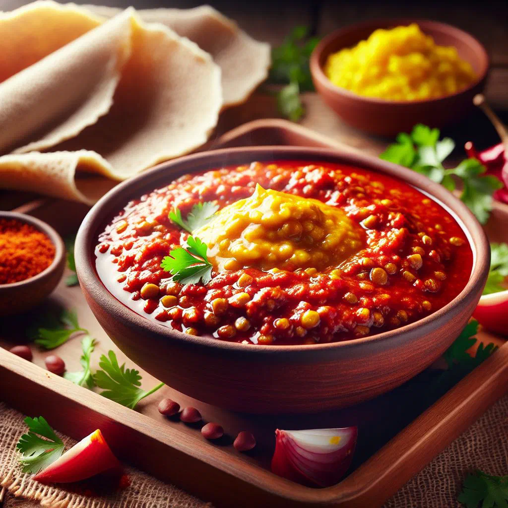 Bowl of spiced red lentil mesir wat served with injera
