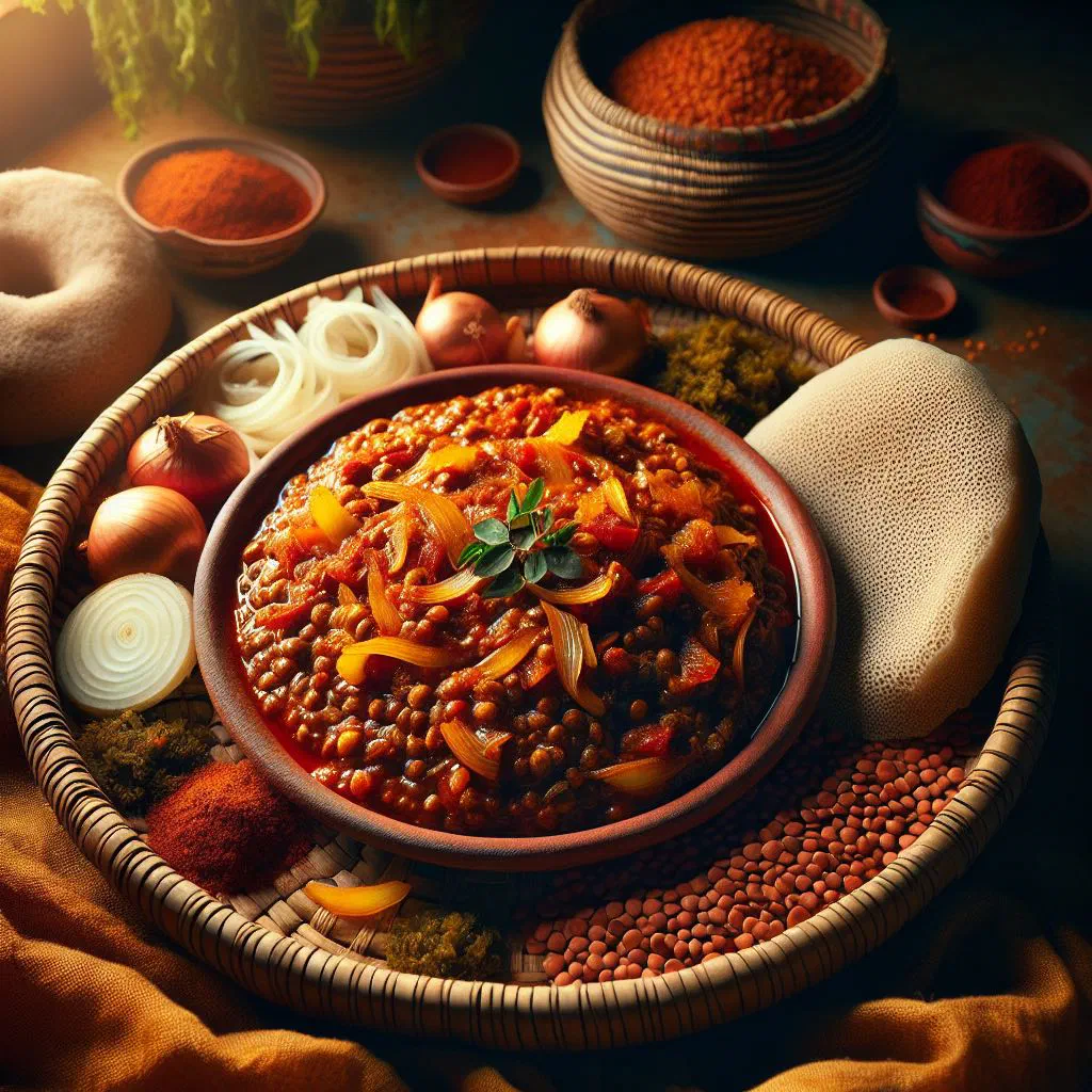 Spiced red lentil misir wat served with injera flatbread