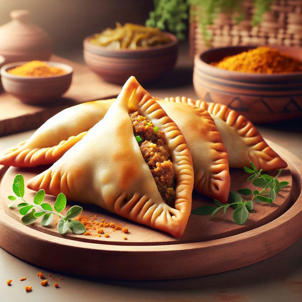 Golden fried Ethiopian sambusa pastries filled with spiced lentils