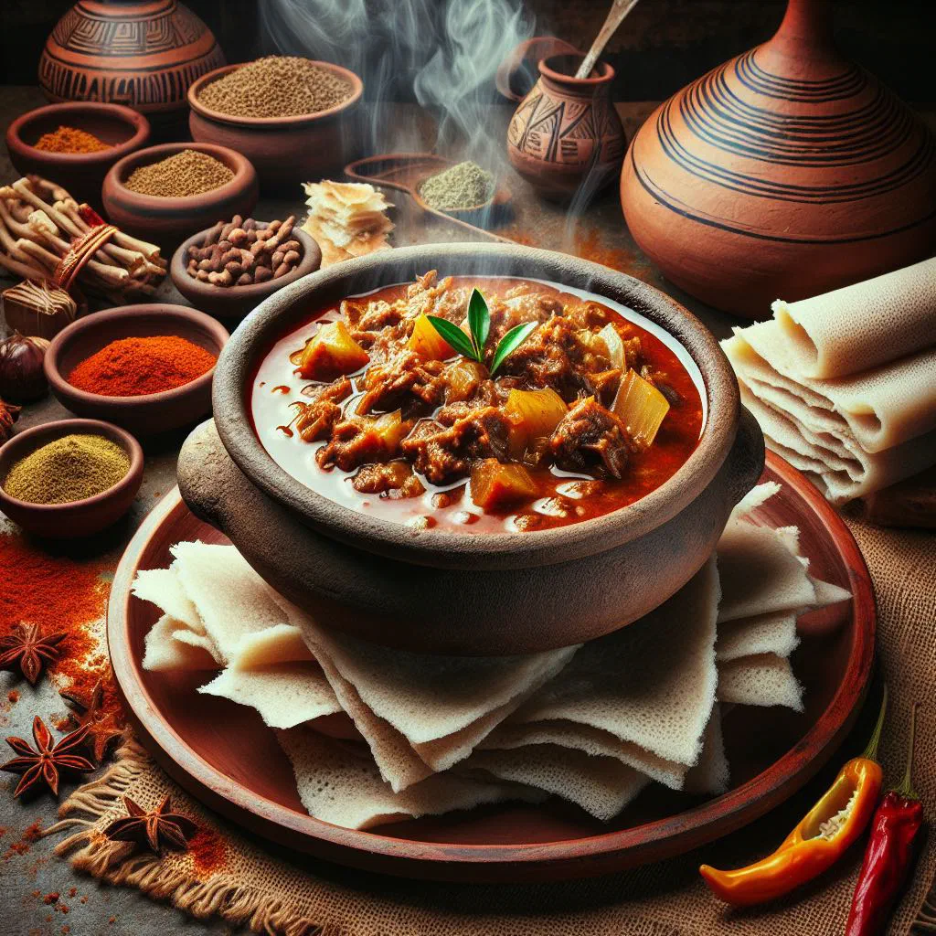 A bowl of shiro fitfit made with chickpea flour and tomatoes, served with injera