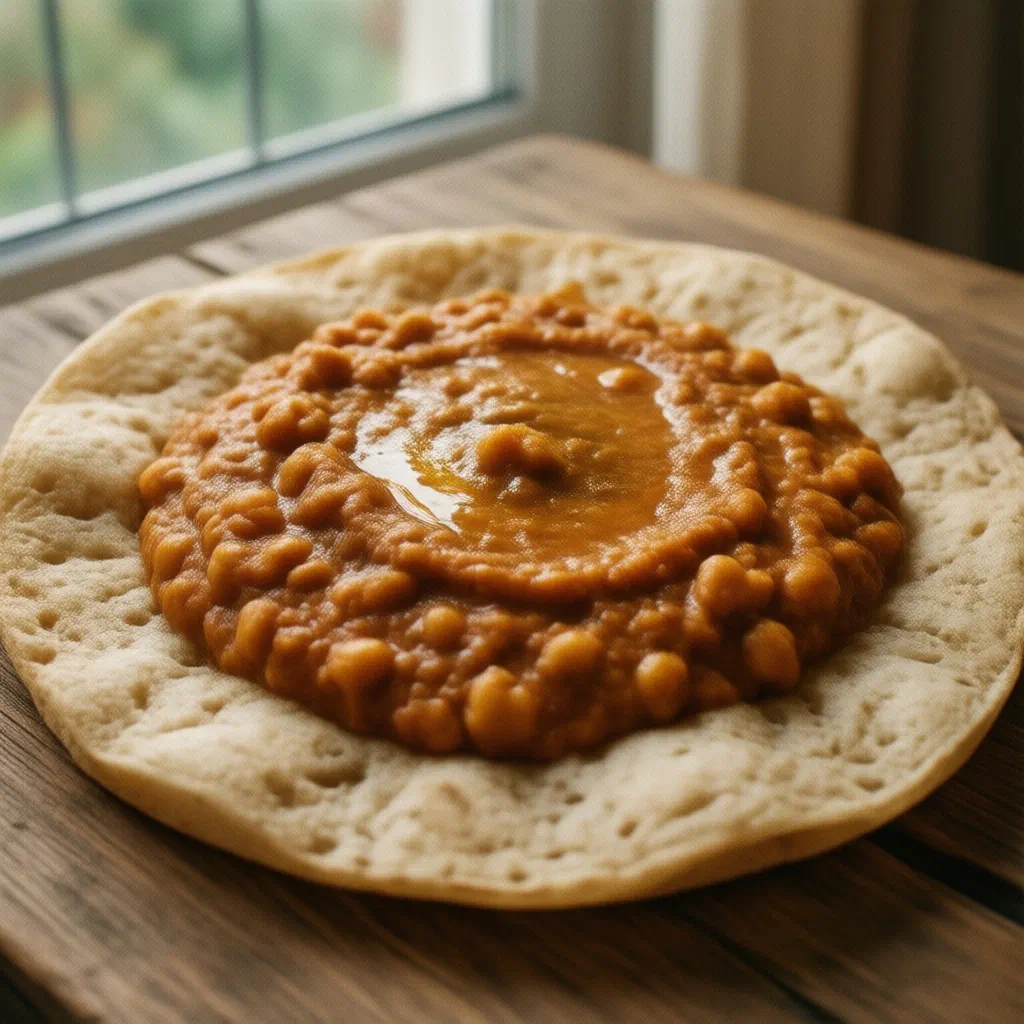 Bowl of Shiro Wat chickpea stew served on injera flatbread