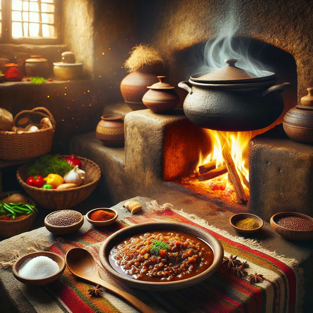 A bowl of Ethiopian telba made from ground flaxseed, served with injera