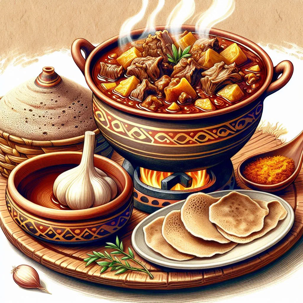 Golden Ethiopian yebeg alicha lamb stew served with injera