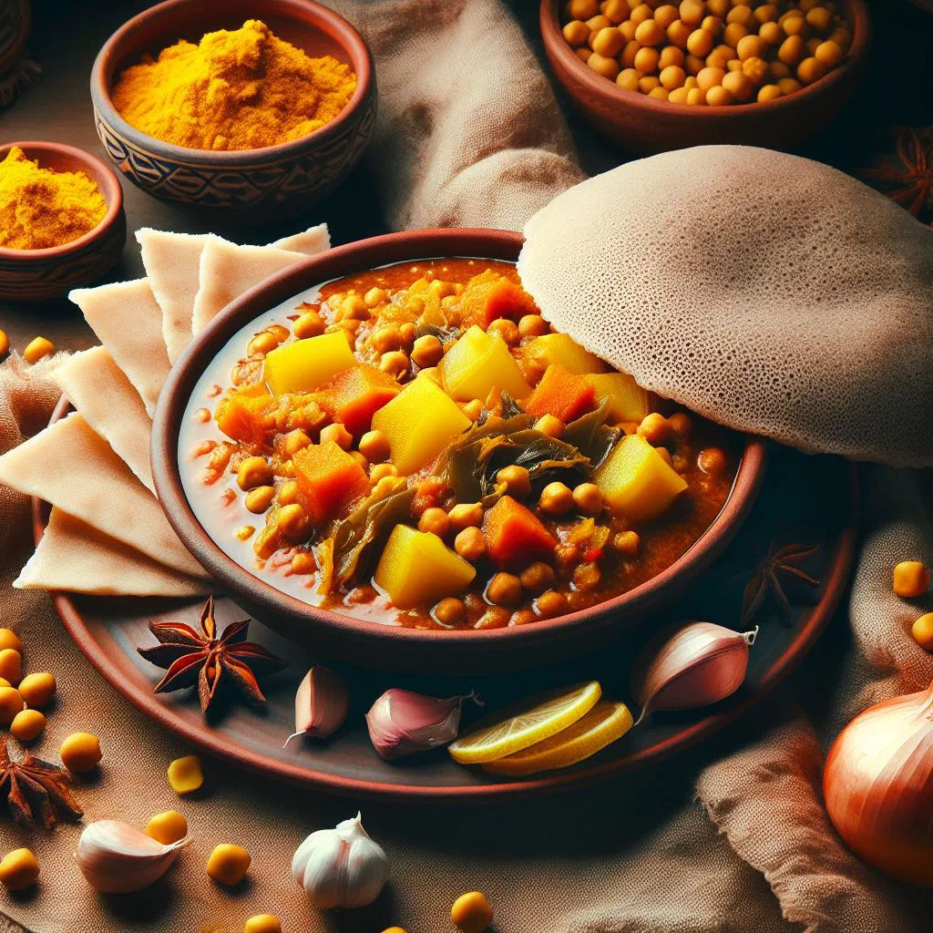 Golden yellow split pea stew garnished with fresh coriander, served with injera