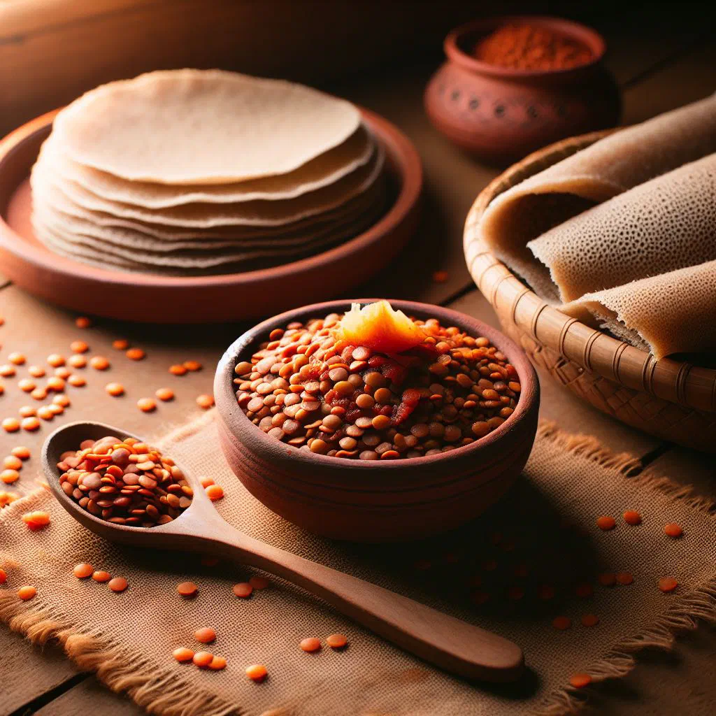 Bowl of Yemisir Kik Wet red lentil stew served with injera