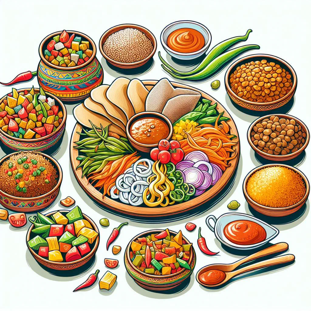 Colourful Ethiopian yetsom beyaynetu firfir with injera, chickpeas and spiced vegetables
