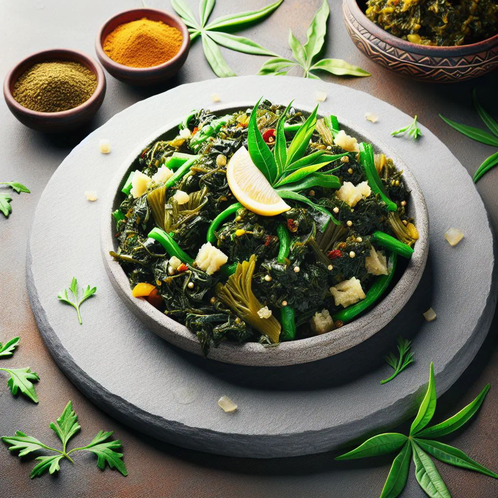 Yetsom gomen sautéed greens with onion and garlic in a bowl