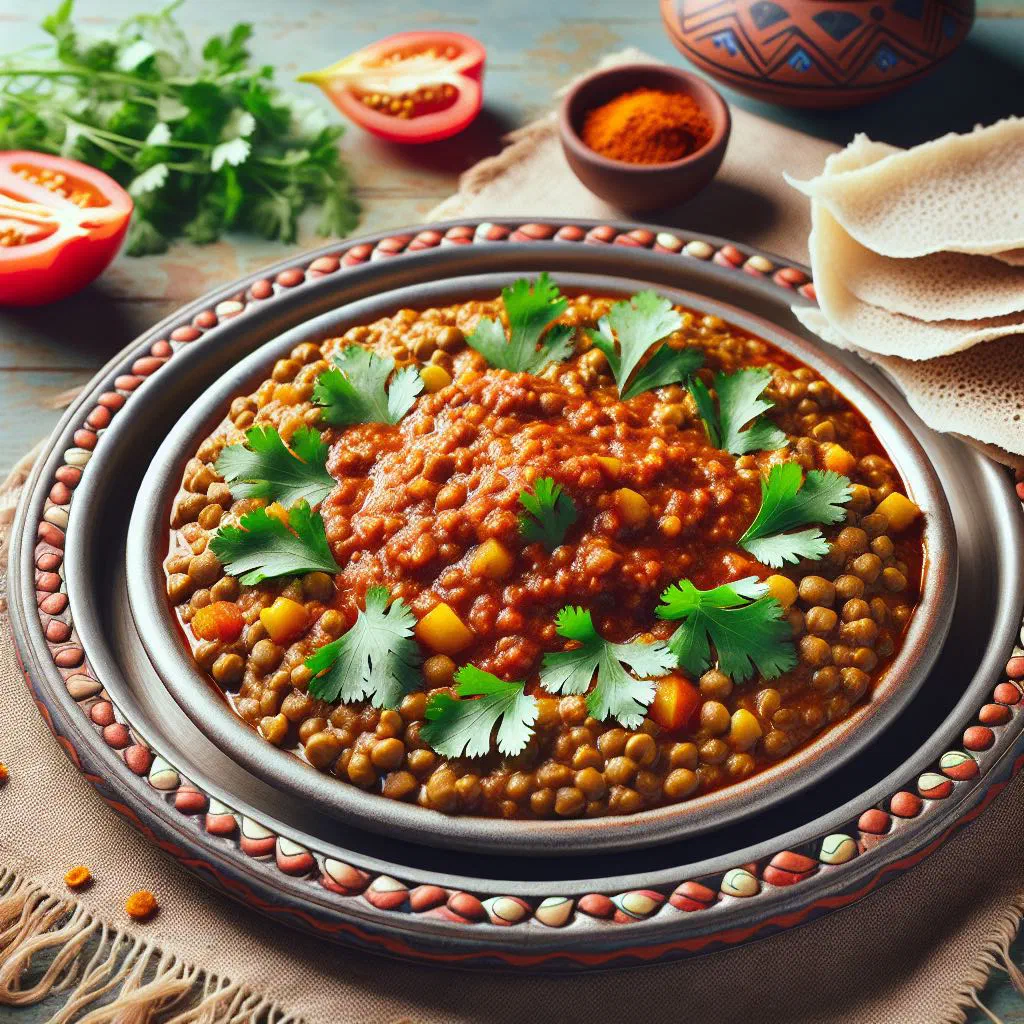 A bowl of spiced red lentil stew served with injera flatbread