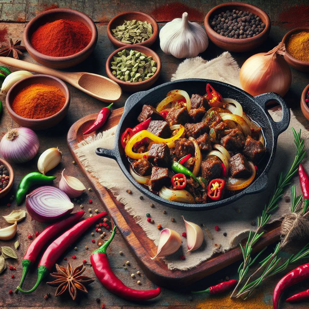 Sautéed spiced meat garnished with fresh herbs, served with injera
