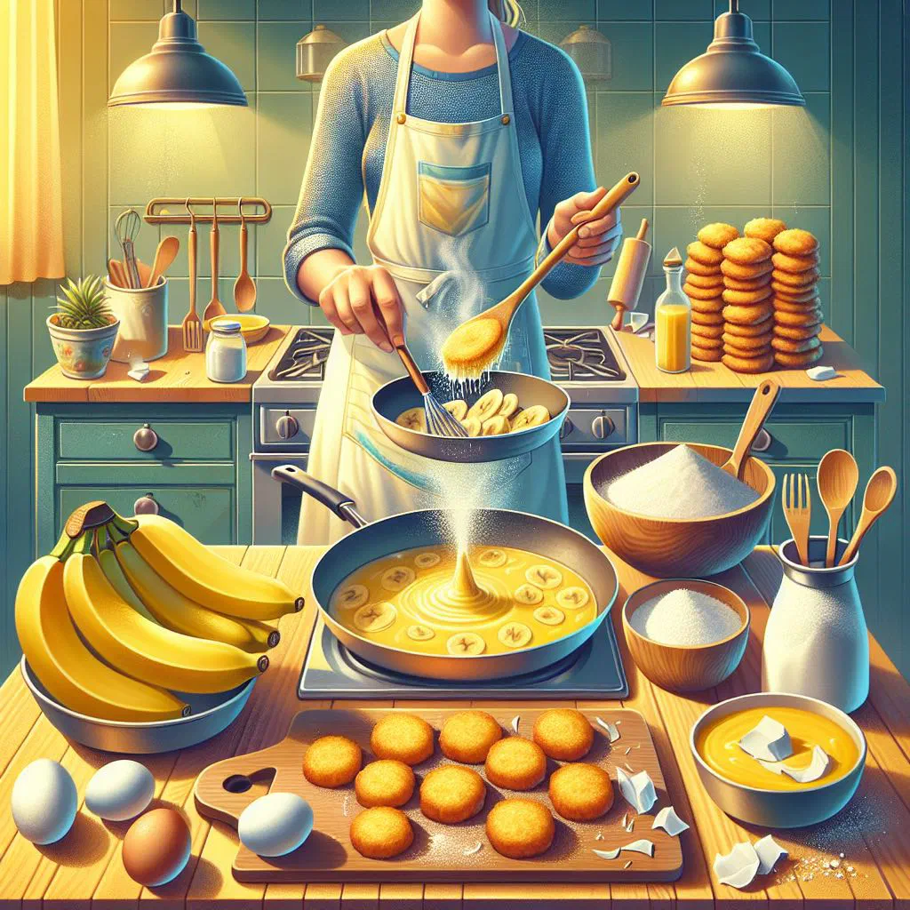 Golden banana and coconut fritters dusted with icing sugar