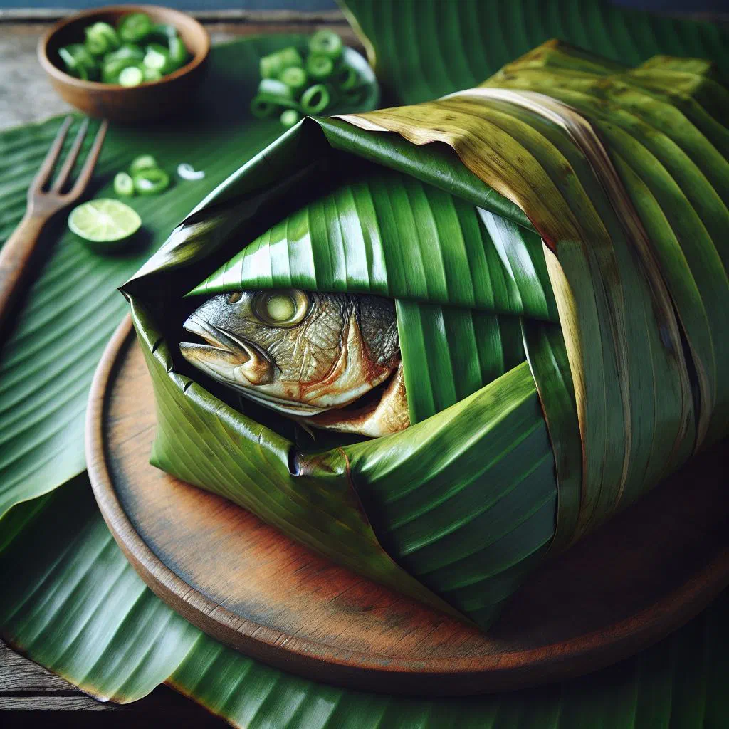 Marinated fish wrapped in banana leaves, served with lime