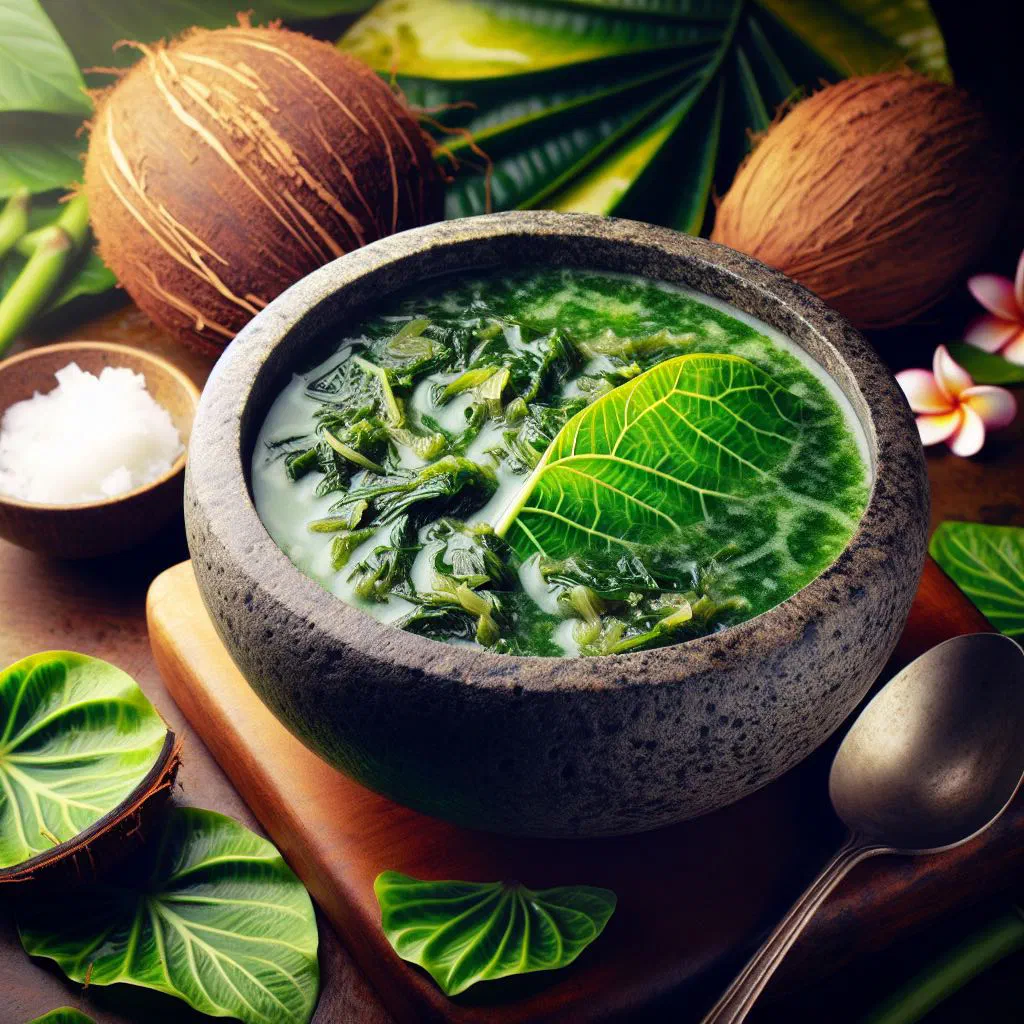 A bowl of Fijian bele soup garnished with fresh coriander