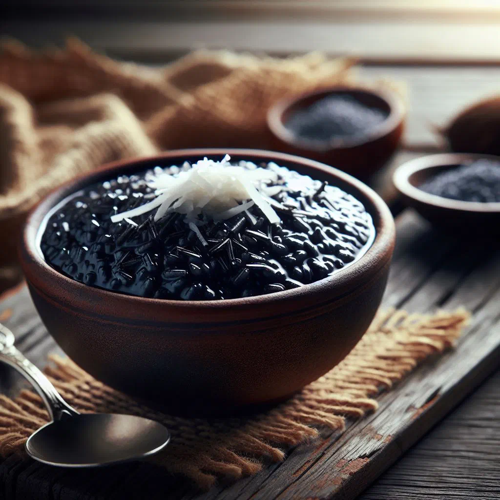 Bowl of Fijian black rice pudding topped with fresh mango