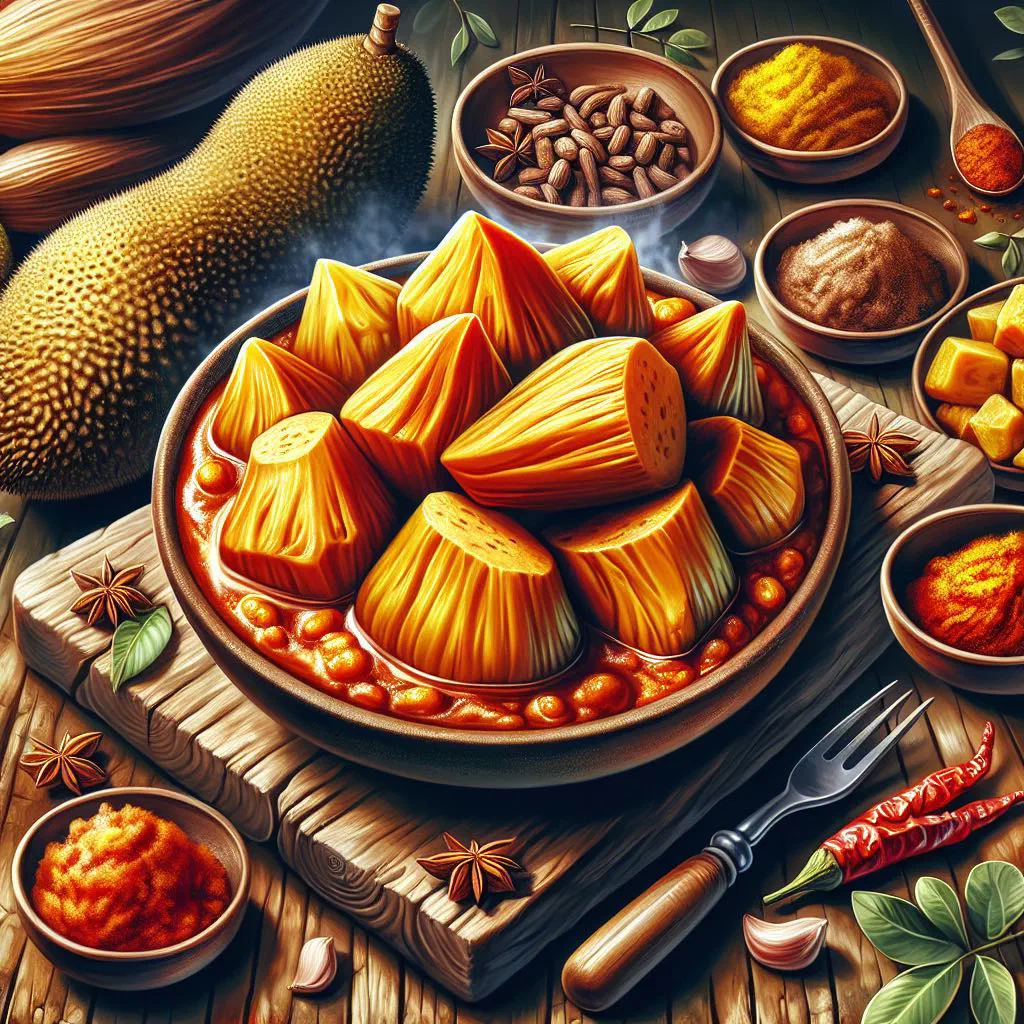 Boiled breadfruit pieces coated in a creamy coconut curry sauce, garnished with fresh herbs