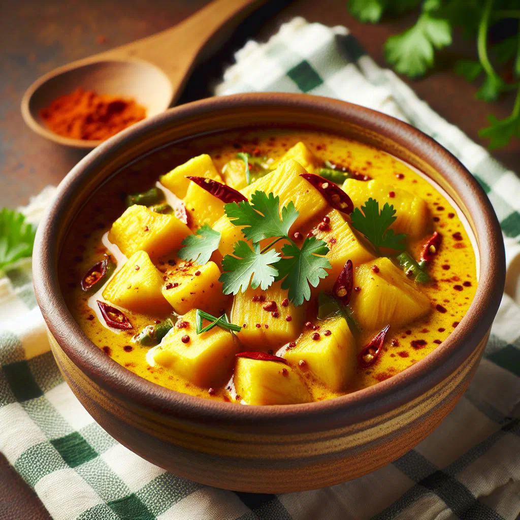 Fijian breadfruit curry in coconut sauce garnished with fresh coriander