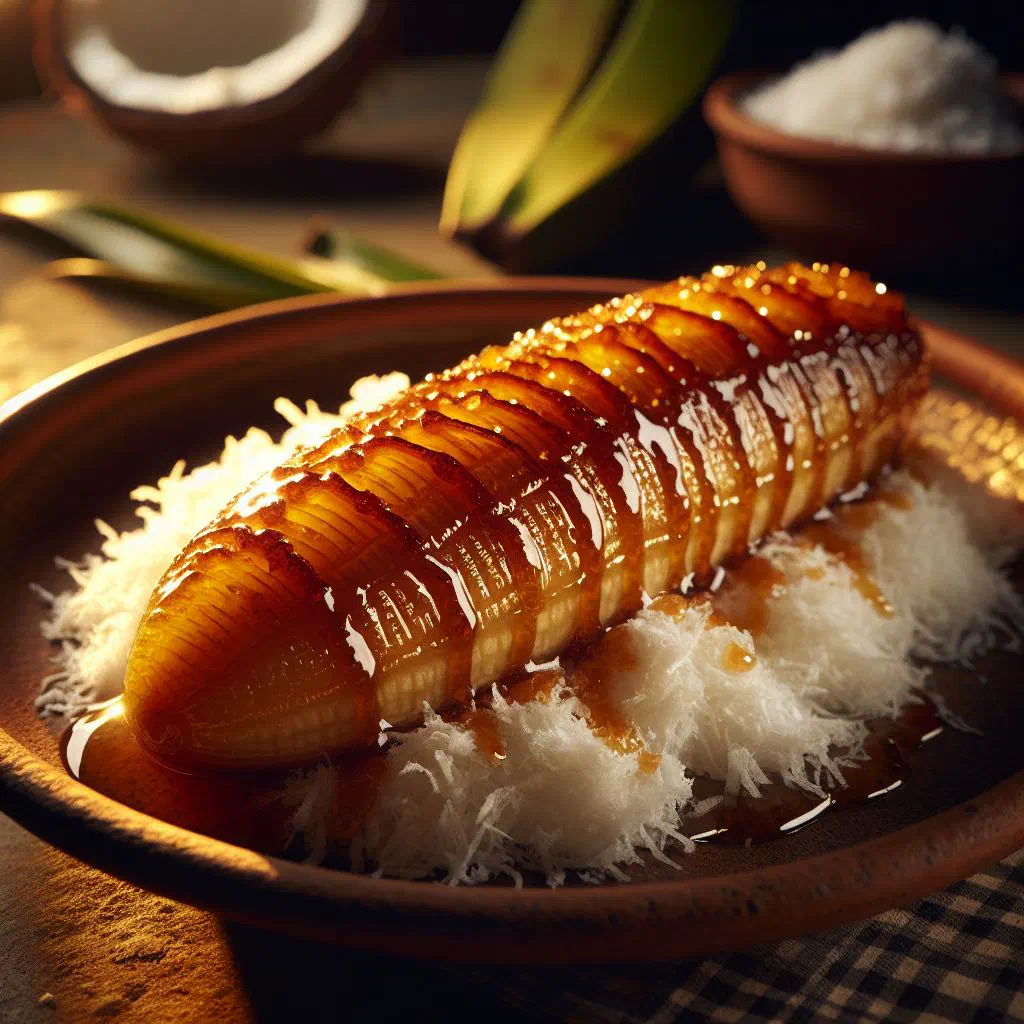 Caramelized banana halves in coconut sauce topped with toasted coconut