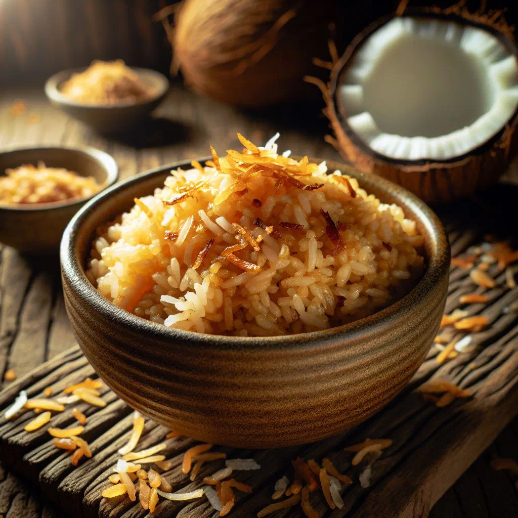 Caramelized coconut rice topped with golden caramel in a bowl