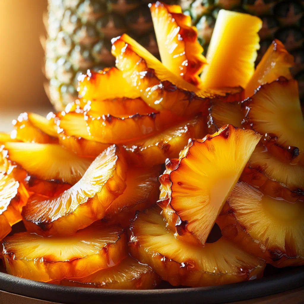 Golden caramelized pineapple slices garnished with fresh mint