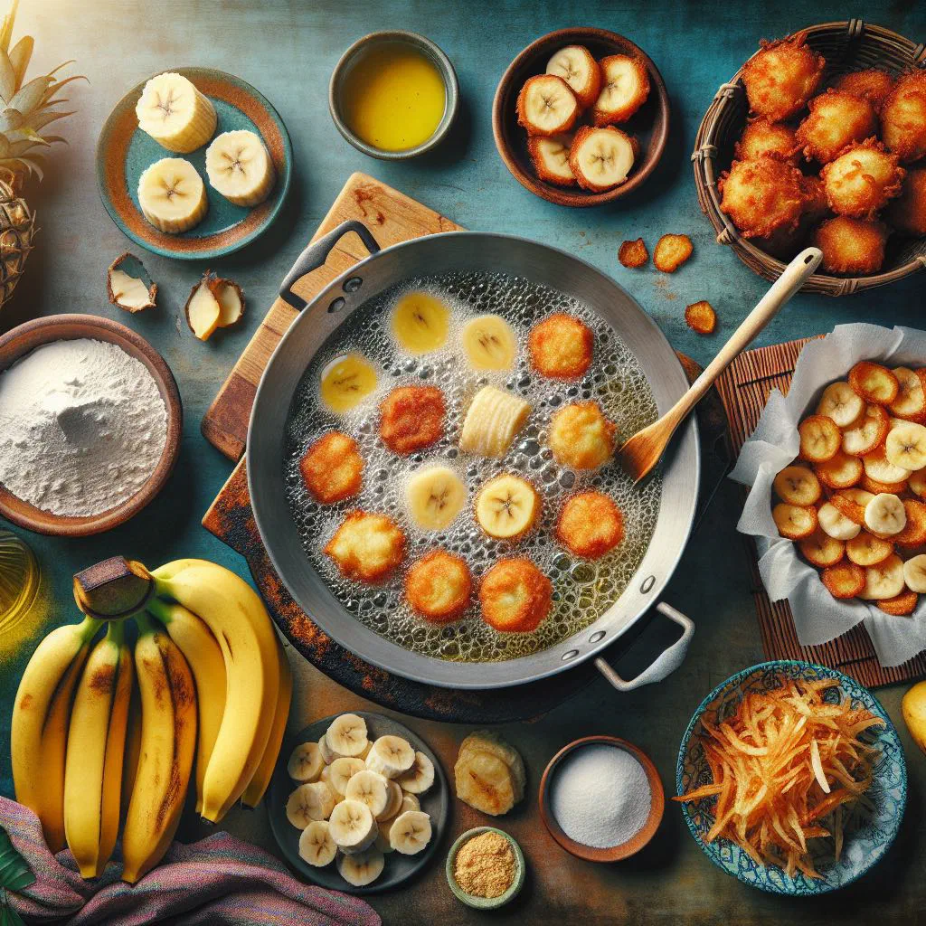Golden cassava and banana fritters draining on kitchen paper