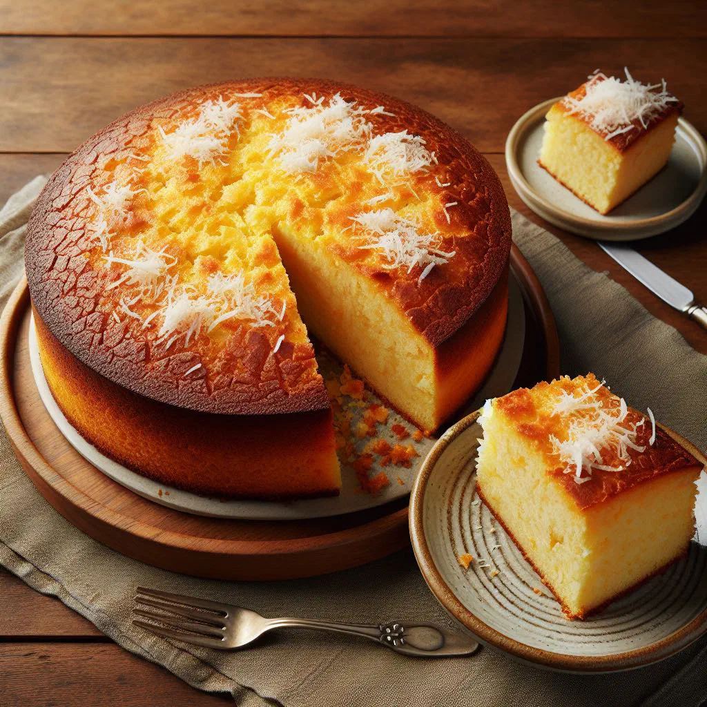 Golden cassava and coconut cake garnished with desiccated coconut
