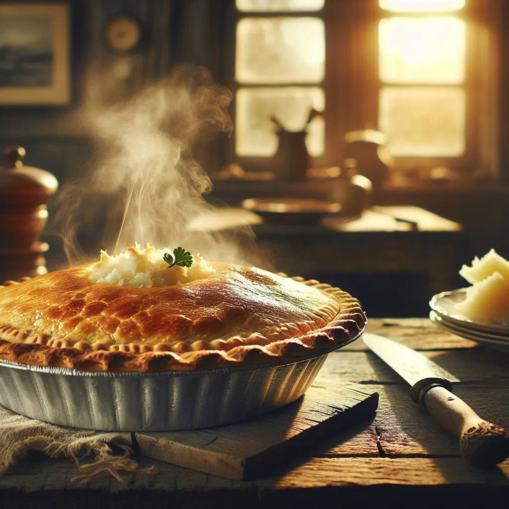 Golden baked cassava and coconut pie sliced on a plate