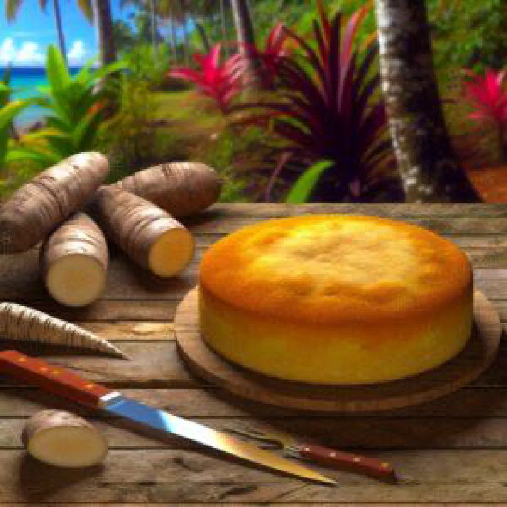 Golden baked Fijian cassava cake cut into squares